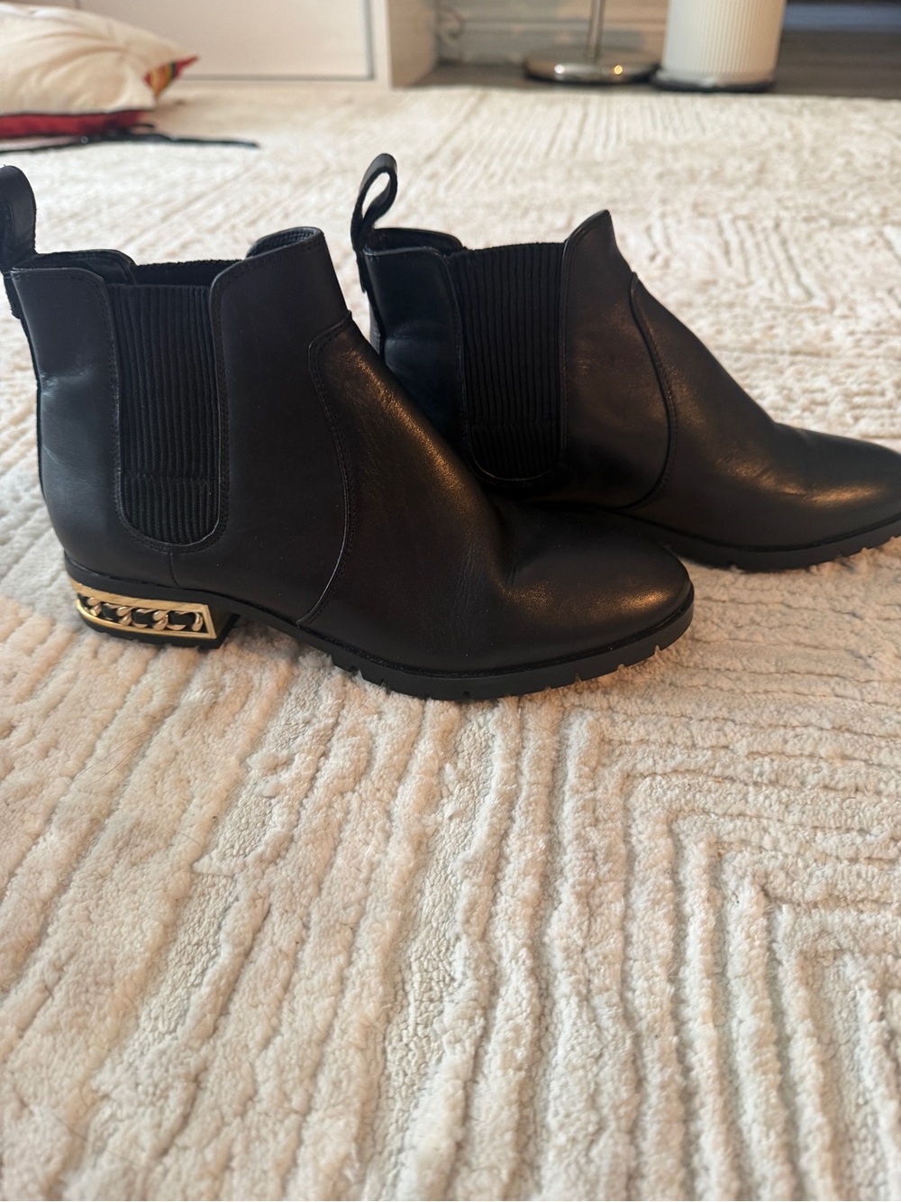 Karl Lagerfeld Black Chelsea Booties with Gold Chain Heel Detail